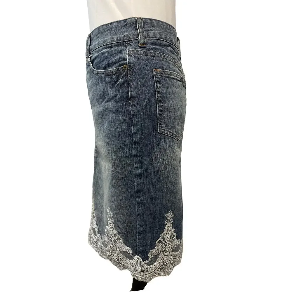 Women’s The Limited Vintage Denim Pencil Skirt Silver Metallic Lace Trim Size 2